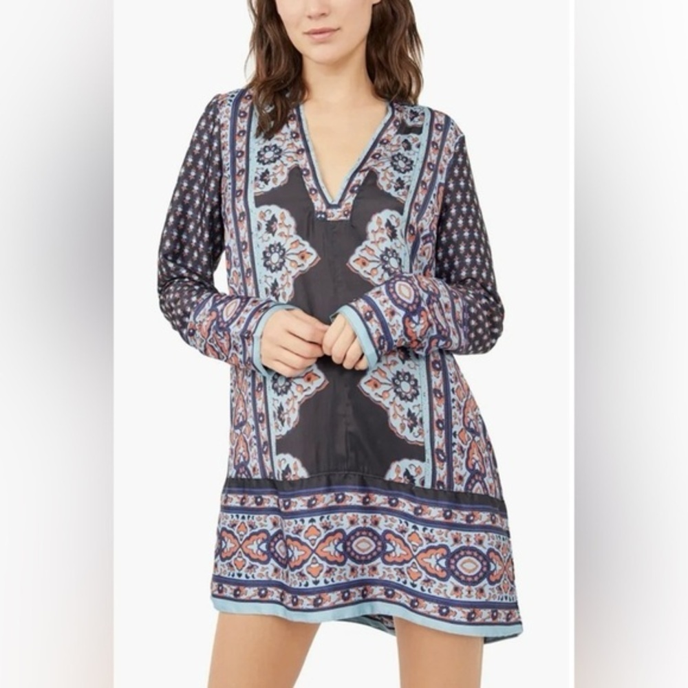 Free People Meadow Mod Long Sleeve Mini Dress, Navy Blue, Orange, Boho NWT